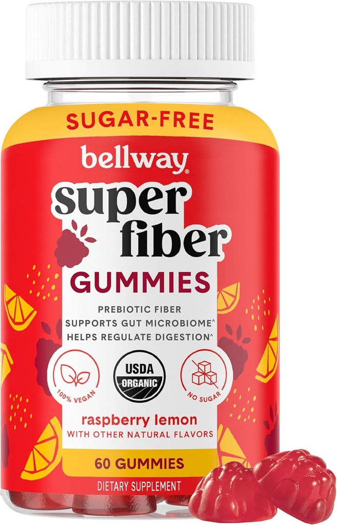 Bellway Super pluošto guminės suaugusiems - Cukraus nemokamai organinio pluošto papildas Gummies su 4g pluošto per Serving - Prebiotic Chicory šaknies pluošto Digestic Gut Health, Aviečių citrinos, 60 Skaičiavimas