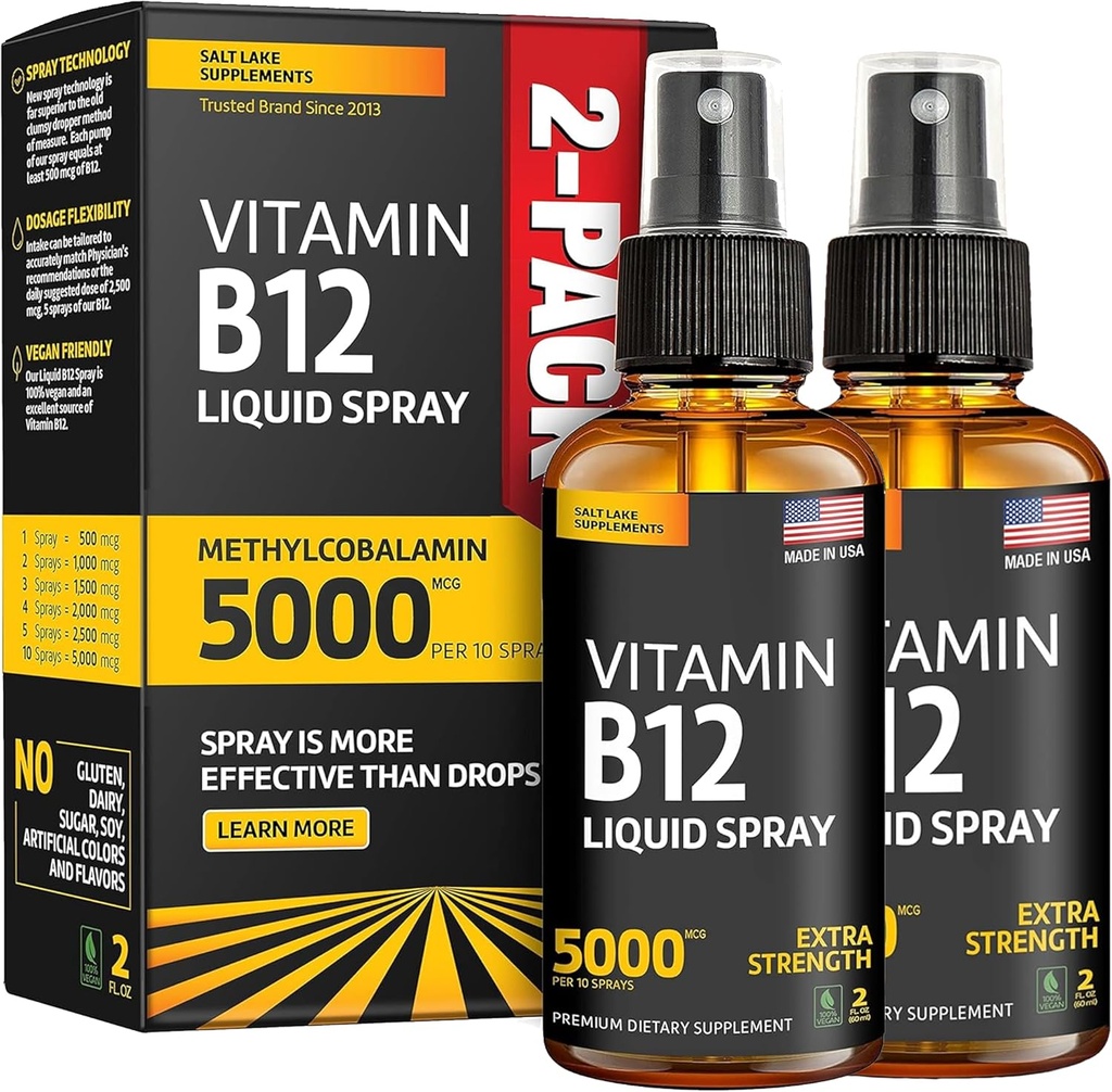 (2 pakuotė) - Skystas B12 purškalas 5000 mikrogramų - Vitaminas B12 Poliežuvinis - Vegan B12 Vitaminas Spray - Metilkobalaminas Vitaminas B12 Skystas Boosts Energy & Mood - Nemokamas ir GMO