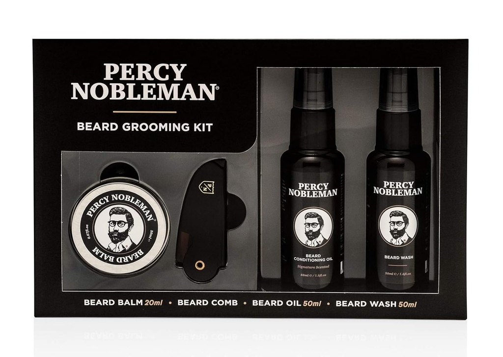 Percy Nobmen Beard Grooming Kit - parašas kvapus barzdos aliejus 50ml, plauti 50ml, Balm 20ml & Comb