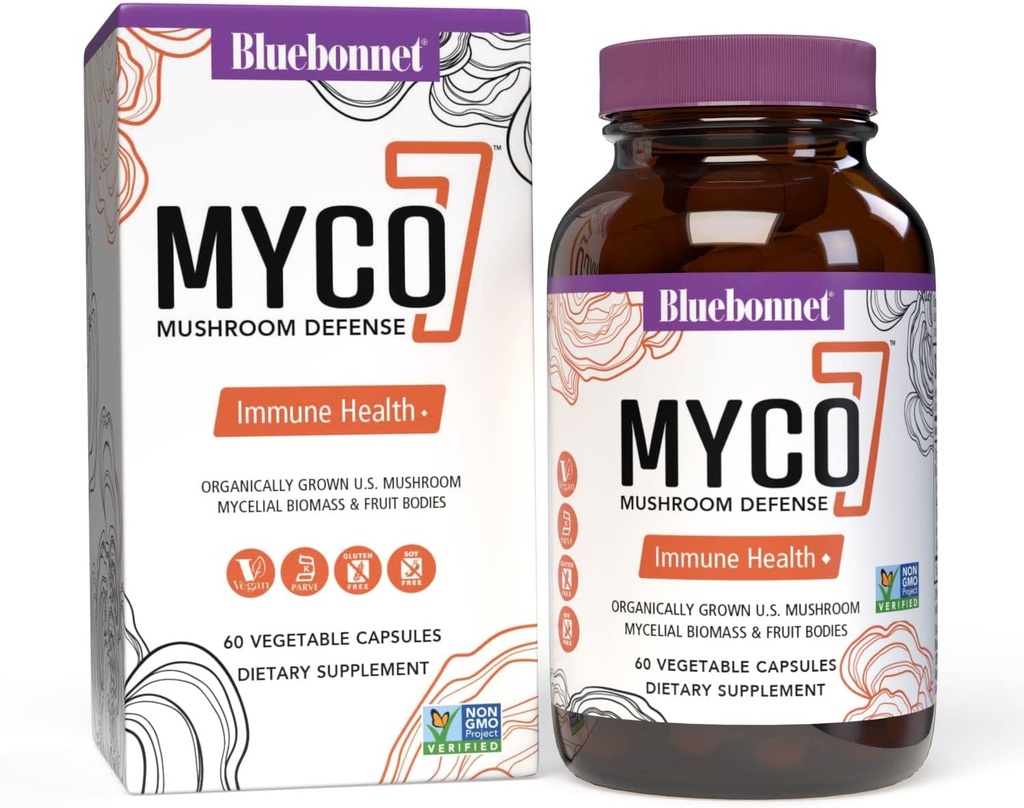 BlueBonnet Nutrition Myco- 7 Grybų gynyba - 7 Organiškai išauginti JAV Visi, Viso ciklo grybai - imuninei & sveikatingumui - Nemokama, Nemokama Glutenas, Ne GMO, Kosher, ir Vegan - 60 Daržovių kapsulės