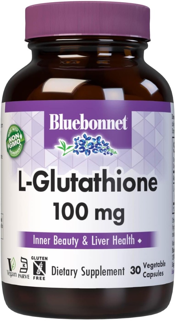 Bluebonnet Nutrition L- Glutatione 100mg, Free- Form Amino Acid, for Free Radikal Protection, Soy- Free, Gluten- free, Non-GMO, Kosher Certified, Vegan, 30 Daržovių kapsulės, 30 Paslaugos