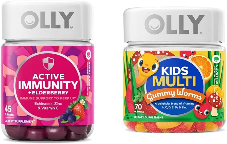 OLLY Gummy Aktyvus Imunitetas + Elderberry 45 Gummies & Vaikai Multivitaminų Gummy Worms 70 Count