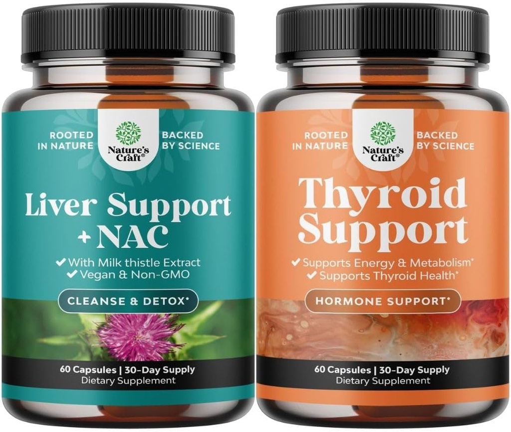Bundle of Liver Support NAC Supplement with Milk Thistle Extract, N Acetyl Cysteine and Artichoke, and Herbal Thyroid Support Complex - Potent Kelp Iodine for Hormone Balance - Mood & Energy