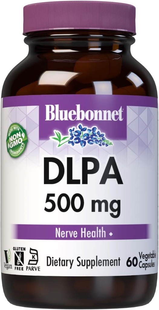 Bluebonnet Nutrition DLPA (DL- fenilalaninas) 500mg, Free- Form Amino Amino Acid, nervų sistemos palaikymui, nemokamai, be gliukozės, ne GMO, Kosher, Vegan, 60 daržovių kapsulės