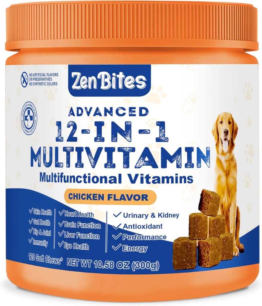 12-in-1 Šunys Vitaminai & Probiotikai 120 Minkšti Chews - Ekologiškas multivitaminų su gliukozamino šunims - Bendra parama priedas šunims visų amžiaus grupių, Dydžiai, & Veislė, Palaiko odą, širdį, imunitetas
