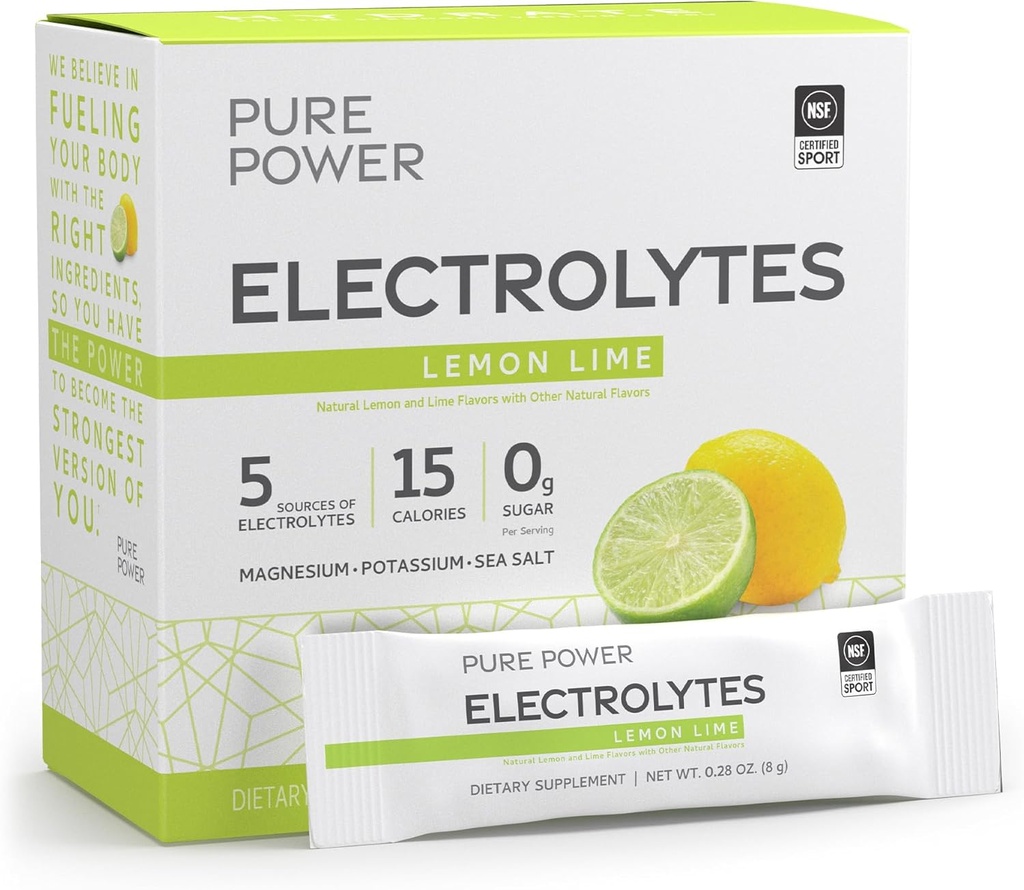 Dr. Mercola Pure Power Electrolytes - Hidracijos ir raumenų funkcijos palaikymas - Magnio ir kalio mišinys - 0 g cukraus vienam servinimui - Lemon Lime - 30 Paketų