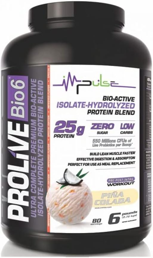 Prolive Bio6 papildai Ultra Complete Premium, Bio- Active, Izoliate- Hidrolizuoto baltymo mišinys su išrūgų baltymu Koncentruotas, Mažas karbas, Nulis Cukrus ir 5g BCC - Piña Colada Flavor - 6 LBS Iš viso