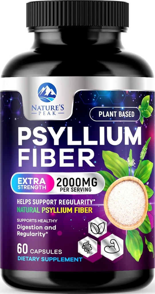 Psyllium Husk Fiber Addition 1500 mg - Vegan Prebiotic, Soluble Fiber for Daily Digistive Health & Regulability Support, Natural Psyllium Mill Caps, Sugar- Free, Non- GMO & Gluten- Free - 60 kapsulių