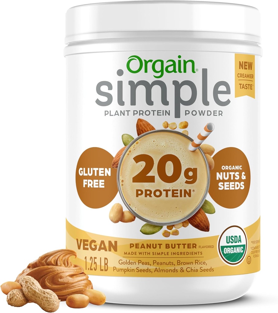 Organ Organ Organic Simple Vegan proteino milteliai, žemės riešutų sviestas - 20g Augalu pagrįstas baltymas, su mažiau ingredientų, No Dirbtiniai saldikliai, Gluten Free, No Pienas ar Laktozė, 1.25 lb (Pakavimo gegužės Vary)