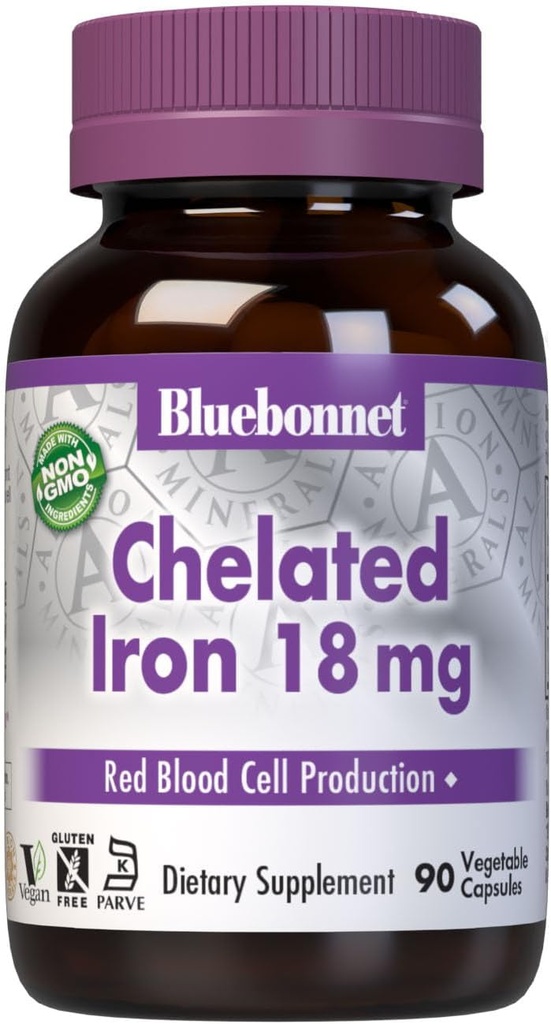 Bluebonnet Nutrition Chelated Iron 18 mg - non- constipating Iron - Laisvasis, Glutenas - Nemokamas, Ne GMO, Kosher Sertifikuotas, Maistinė nemokamai, Vegan - 90 Daržovių kapsulės, 90 Paslaugos