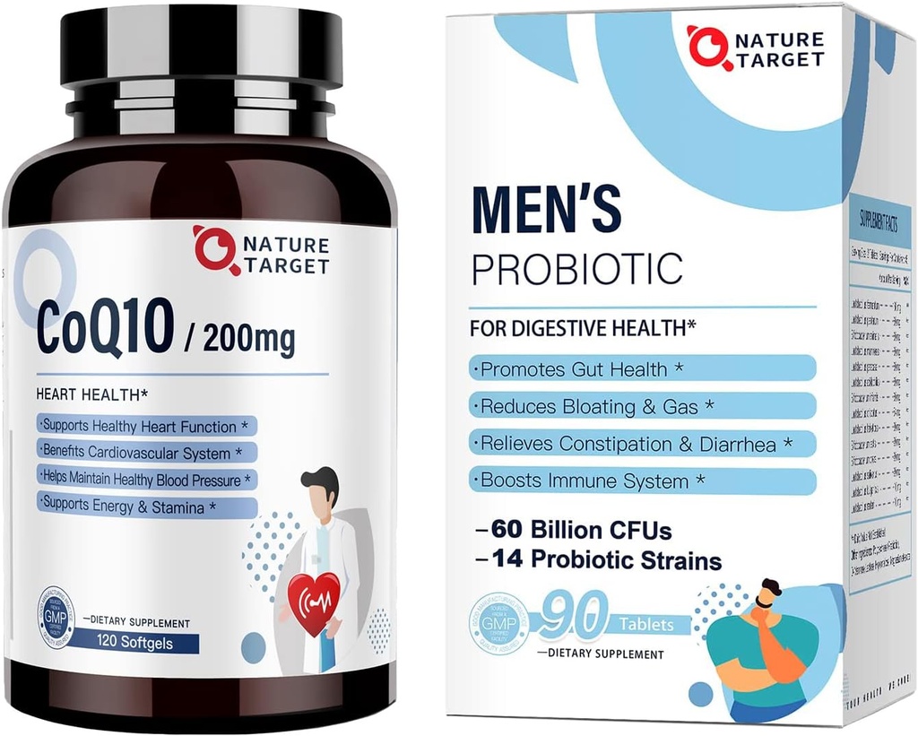NATURE TARGET Probiotics for Men 60 Billion CFUs14 Strains & CoQ10 200mg Softgels with PQQ Antioxidant for Heart-Health and Energy Production