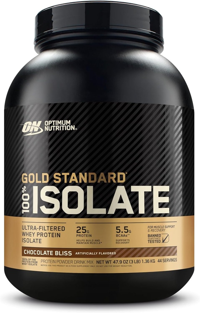 Optimum Nutrition Gold Standard 100% Izoliatas, baltymų milteliai, Šokoladiniai blisteriai, 3 Svarai, 44 Paslaugos. Išrūgų baltymų izoliatas (Package May Vary)