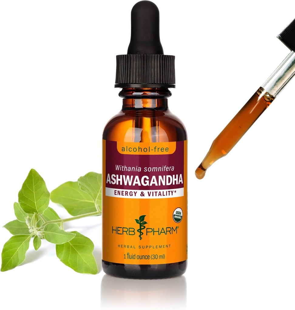 Herb Pharm Organic Ashwagandha Liquid Extract, Alcohol-Free: Mood Support Supplement, Vegan Ashwagandha Root Glycerite, Tasty Non-Bitter Adaptogen Extract for Adults, Non-GMO, 1 Oz