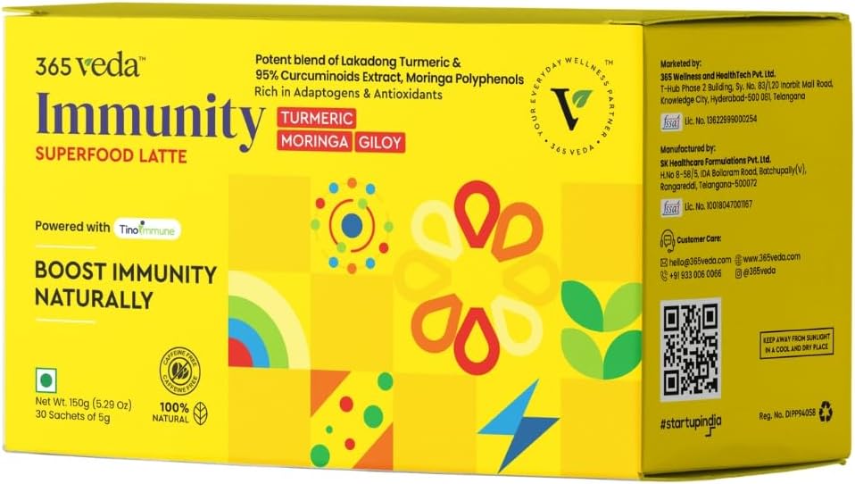 Immunity Boost Latte with Moringa & Giloy, Turmeric, 100% Natural Ingredients, May Improves Digestion, Gluten Free On-The-Go Sachets (30 Count)