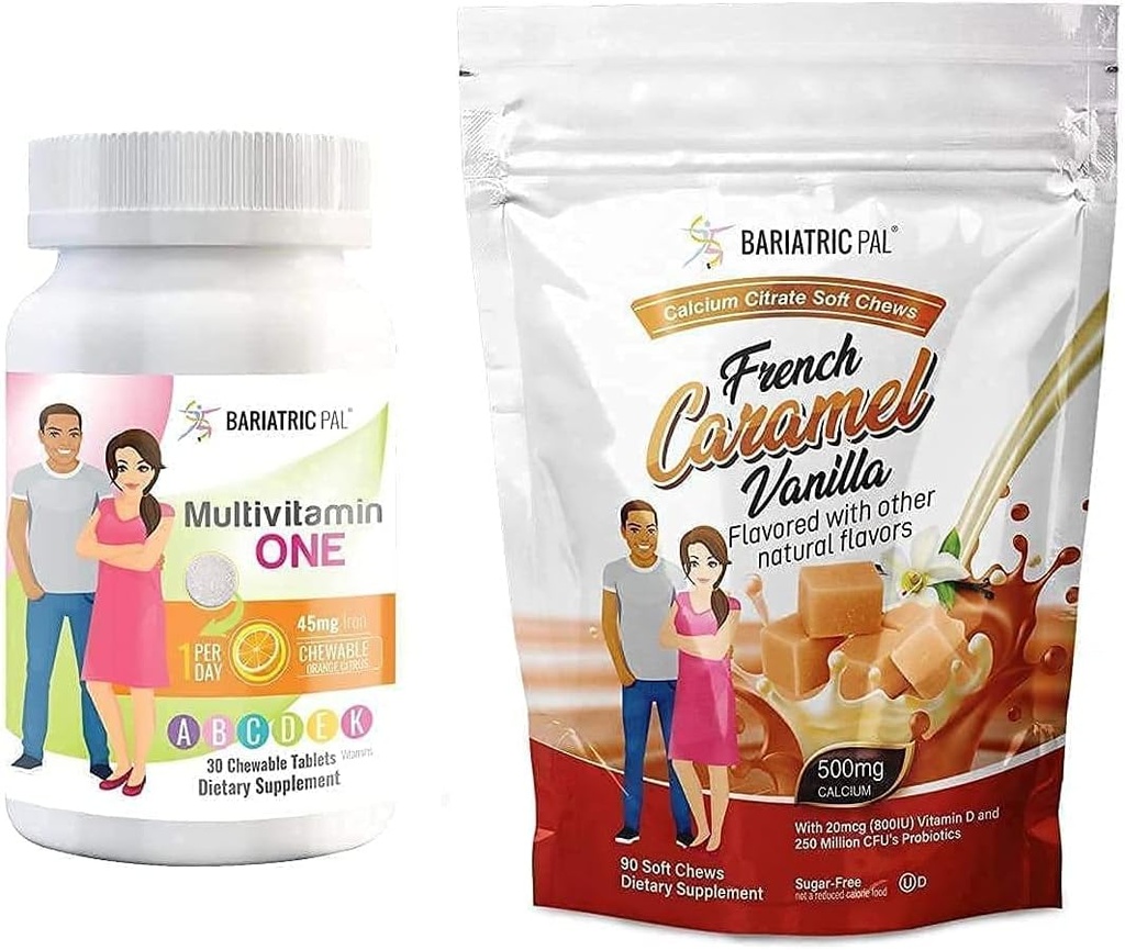 BariatricPal 30- Diena Bariatric Vitaminas Bandl (Multivitaminas ONE 1 per parą! su 45mg Geležies Chewable - apelsinų Citrus ir kalcio citrate Soft Chews 500mg su Probiotikai - Prancūzijos Caramel Vanilla)
