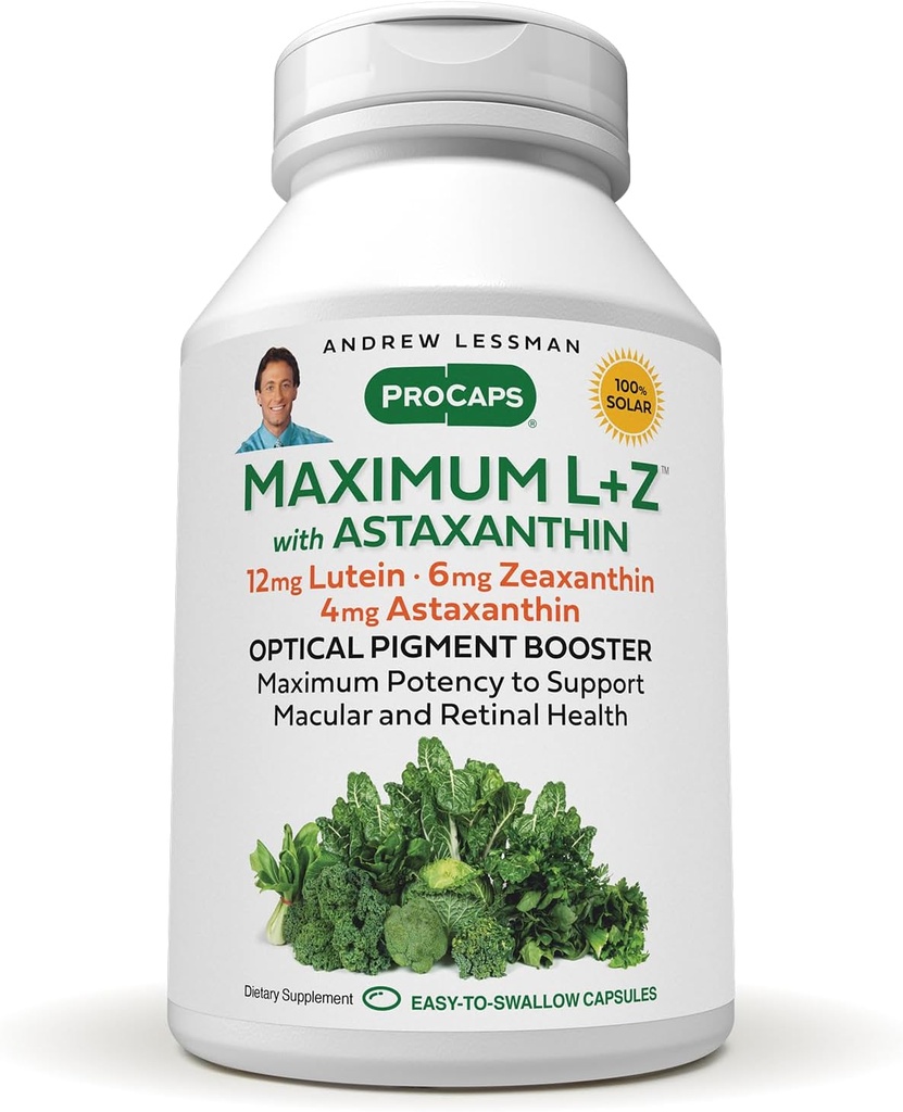 ANDREW LESSMAN max L + Z su Astaxanthin 240 Softgels - 12 mg Lutein, 6 mg Zeaksantino, 4 mg Astaxanthin. Pagrindiniai mitybos remti akis ir smegenis sveikatos, ir skatinti sveiką viziją.