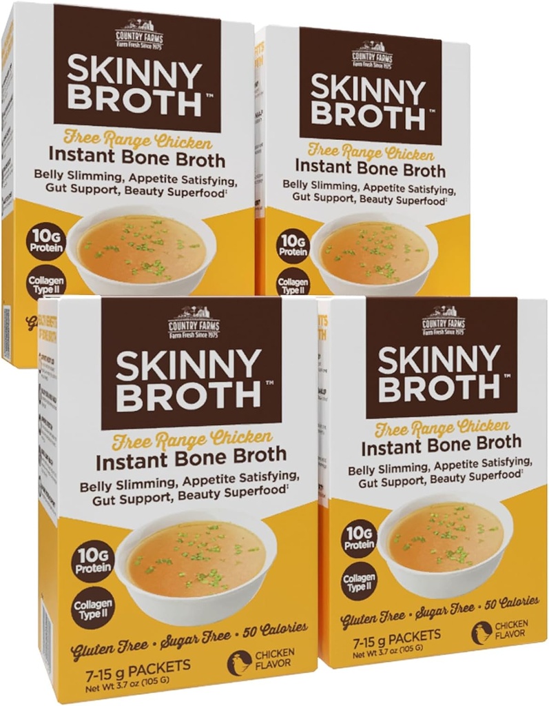 ŠALIS ŪKIAI Skinny Broth 7-Dienos planas, Momentinės vištienos Kaulų Broth, 10G baltymų, kolageno tipas II, Skatina geriau Digestion, Kaulų sveikata, 7 Dienos planas, 4 Pack, 28- 15g Paketai