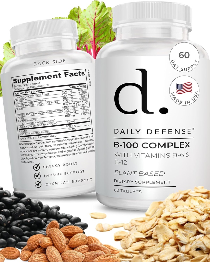 B kompleksas Vitaminai vyrams & Moterys B- 100 kompleksas su vitaminu B- 6, vitaminas B- 12, Tiaminas, & Daugiau - Augalų pagrindo energijos papildai imuninei ir kognityvinei paramai - 60 tablečių