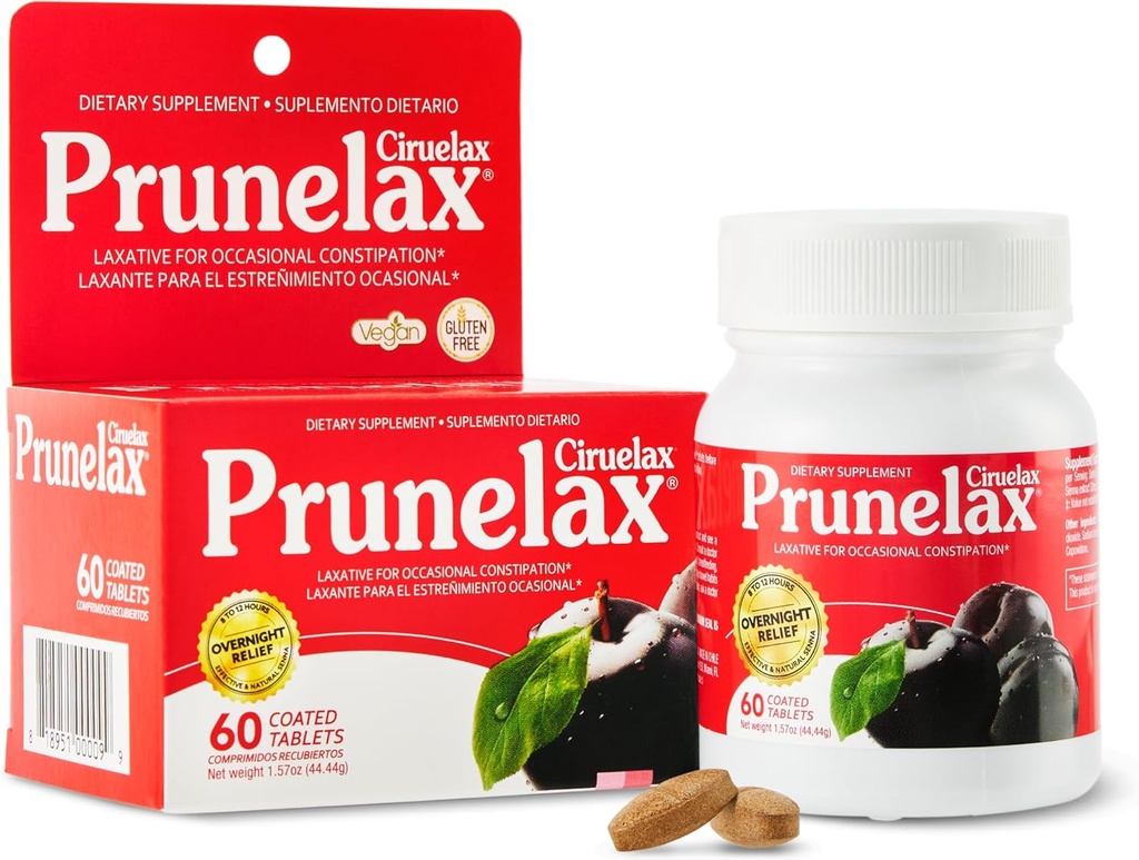 Prunelax Ciruelax Normalaus stiprumo laxative Tablets - Naktinis palengvėjimas esant tam tikram vidurių užkietėjimui, Senos ekstraktas, Vegan & Be gluteno, Fast- Establishing Švelnus palengvinimas - 60ct