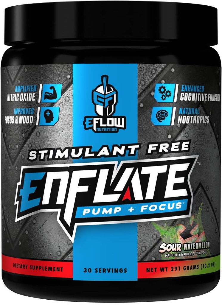 eFlow Nutrition Enflate Stimulant Free Preworkout Supplement - Pump and Focus Nootropic Pre Workout Powder to Boost Focus for Men & Women - Sour Watermelon (30 Servings)