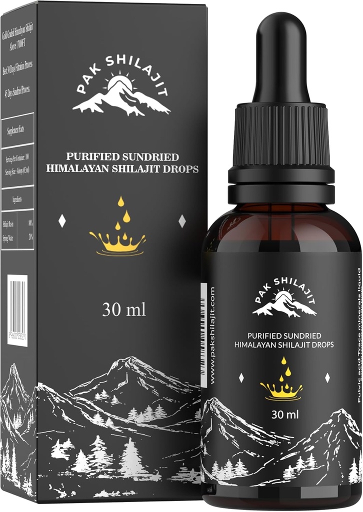 PakShilajit ® Sun Dry Himalayan Shilajit Liquid Drops, My Premium & Organic Gold Grade Shilajit Drops Virš 17000FT (30ML Pack), Rich in Fulvic acid Homic acid Natural Addition