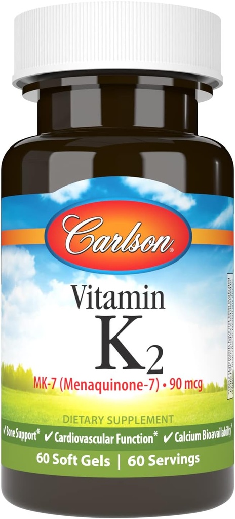 Carlson - Vitaminas K2 MK- 7 (menachinonas), 90 mcg, Kaulų Palaikymas, Kalcio biologinis prieinamumas, K2 Vitaminas, Vitaminas K-2, 60 Softgels