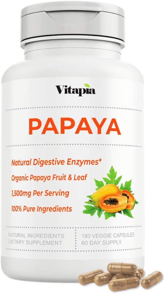 Papajos vaisių fermentas kapsulės Disperguoti, Bloating Relief, Immune Support for Men & Women - 1500mg Organic Papaya Mill Per Servant - 180 Veggie Capsules - Non- GMO, Gluten- Free, Vegan- Friendly
