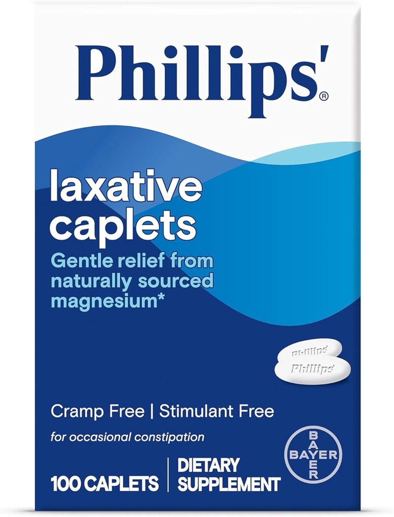 Phillips 'Laxative Caplets, Natūraliai sugirdytas magnio papildas Švelnus lengvumas retkarčiais vidurių užkietėjimas, Cramp ir Stimulant Free Laxatives, 100 Caplets