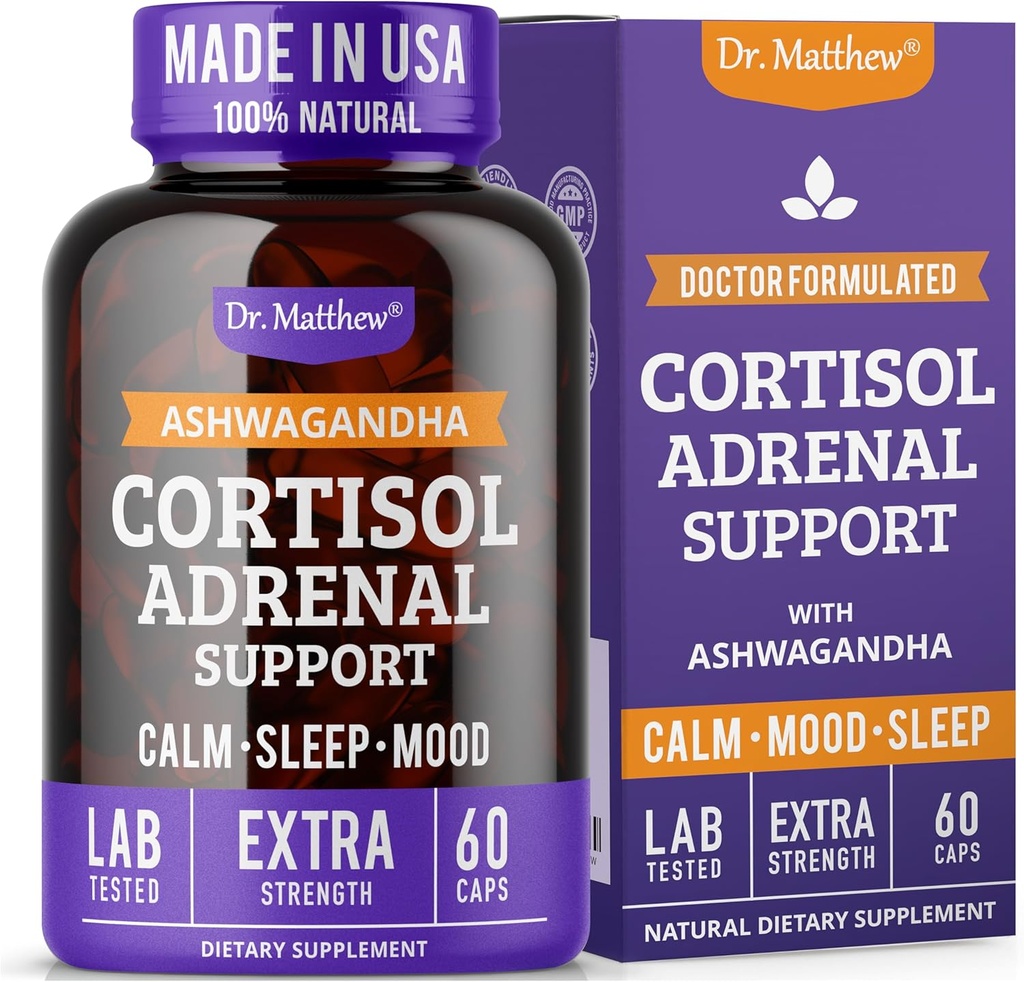 Dr. Matthew Cortisol Reducer papildas moterims. Adrenal Support with Ashwagandha, Rhodiola & Ginseng - A Detox Cocktail to Lower Cortisol & Aid Relaxation, Calm and Restory Miego
