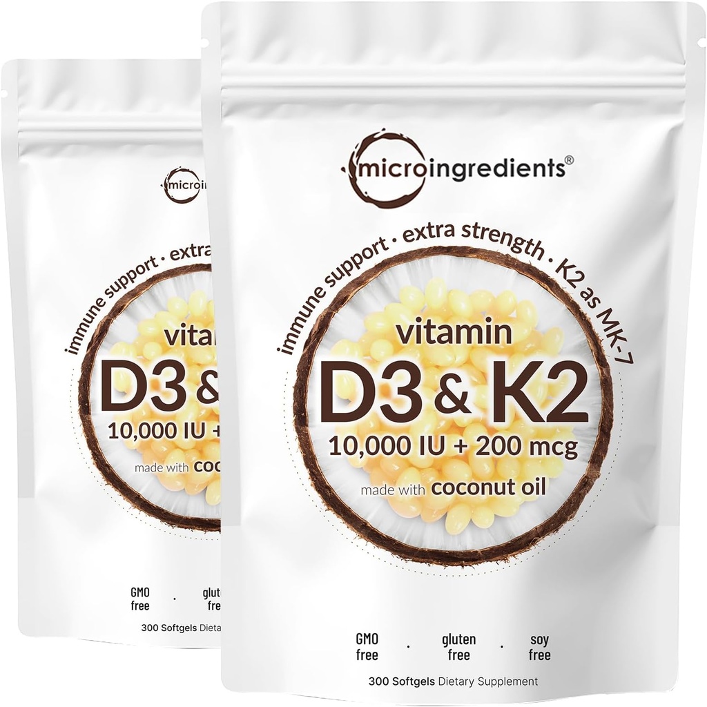2 Vitamino D3 10000 TV + K2 (MK- 7) 200 µg, 300 Virgin Kokosų aliejaus Softgels ® 124; 2 in 1 Vitaminai D & K kompleksas ® 124; Palaiko kalcio absorbciją, kaulų, imuninę ir širdies sveikatą - Lengva nuryti