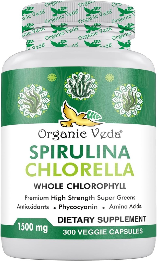 Organic Veda Spirulina & Chlorella Capsules, 1500mg, 300 Count - Spirulina Chlorella Capsules with Super Green Antioksidants, Phycocianin, Amino rūgštis - Boost Immunity, Energy, Support Digestion