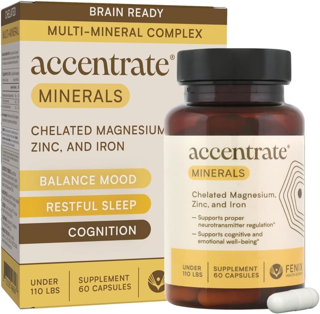 Accentrate Mineralai - Magnio papildas vaikams - Chelated Magnis Cinkas geležies (Mg Zn Fe) - Mineralinis Mental Wellness Mineral Addition for Focus, Mood & Brain Support - Biologinis - 60 kapsulės
