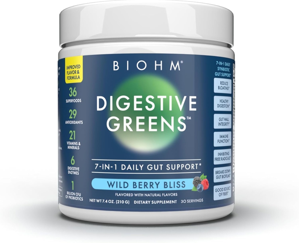BIOHM Digestic Green, Green Superfood Mills (7.4 Oz, 30 Servings) Immunal & Gut Health Support with Antioksidants, Vitaminai, Probiotikai & Fermentai, Geras šaltinis Fiber, Berry Flavor
