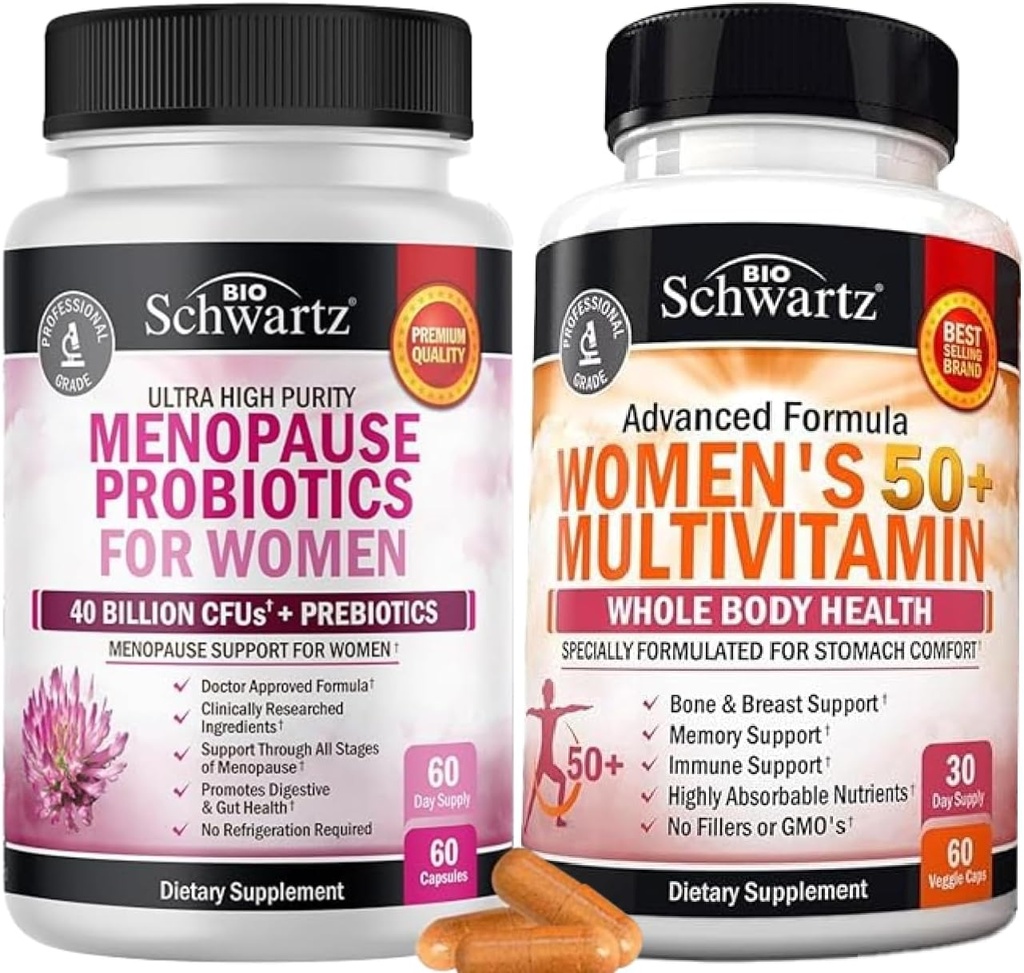 BioSchwartz Probiotinės menopauzės papildas moterims (2 mėnesių tiekimas) Plus Dienos multivitaminų moterims 50 ir daugiau (1 mėnesio tiekimas)