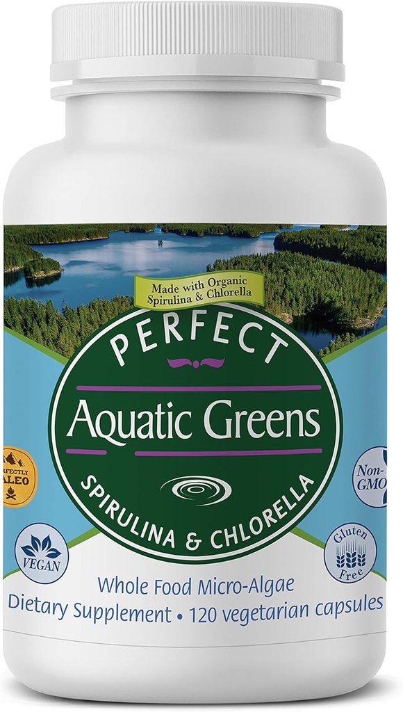 Tobula papildai - Perfect Aquatic Green - 120 Daržovių kapsulės - Organic Spirulina ir Chlorella Priedas - Maistiniai maisto produktai
