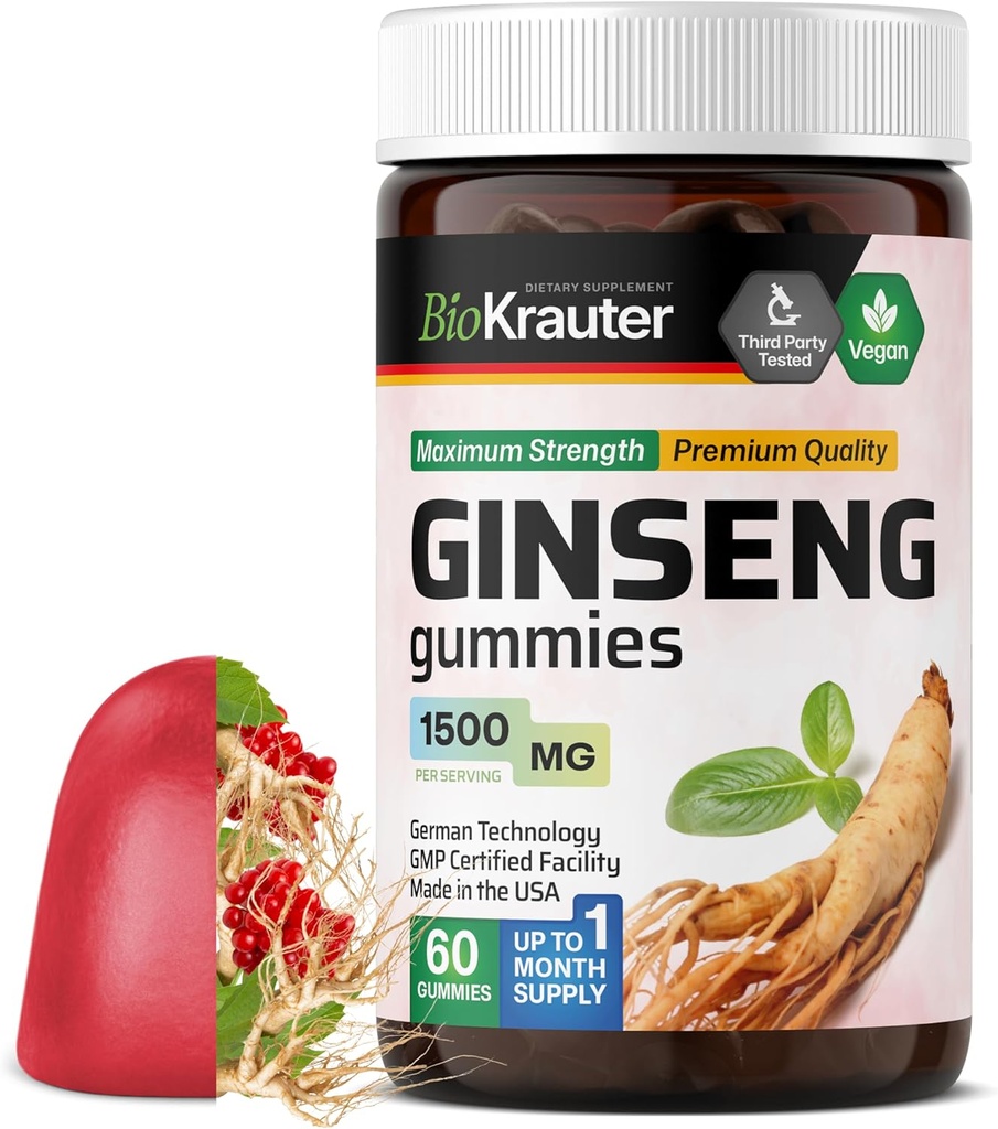 BIO KRAUTER Panax Ginseng Gummies - 1500 mg Stiprumas - 60 Count - Kramtomasis raudonasis ženšenis Priedas - Imuninė pagalba Gummies - Veganas, Pectin- pagrįstas, ne GMO