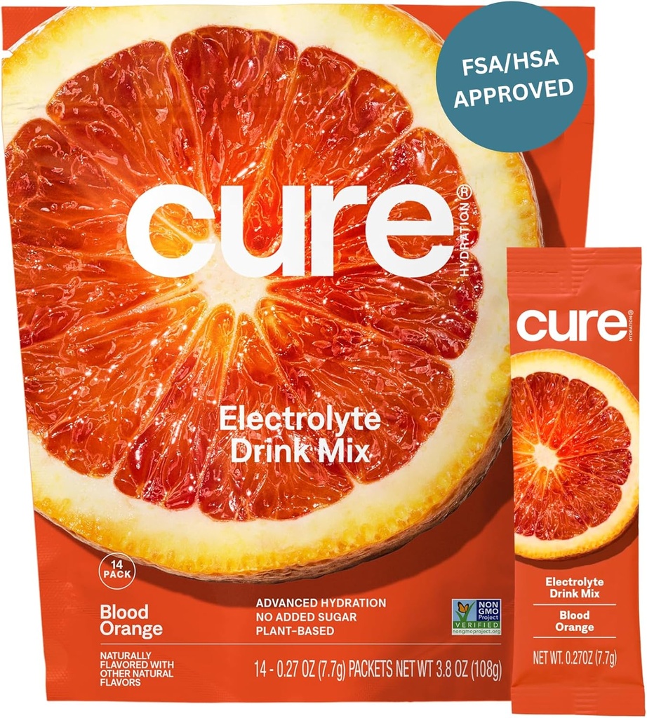 Cure Hydration ® 124; Plant-based Electrolyte Drink Mix ® 124; No Added Sugar ® 124; FSA- HSA ® 124; Dehidratacija Refleksinis milteliai Pagaminta su kokoso vandeniu ® 124; Non-GMO ® 124; Vegan ® 124; Pouch 14 Paketų - Kraujo apelsinų