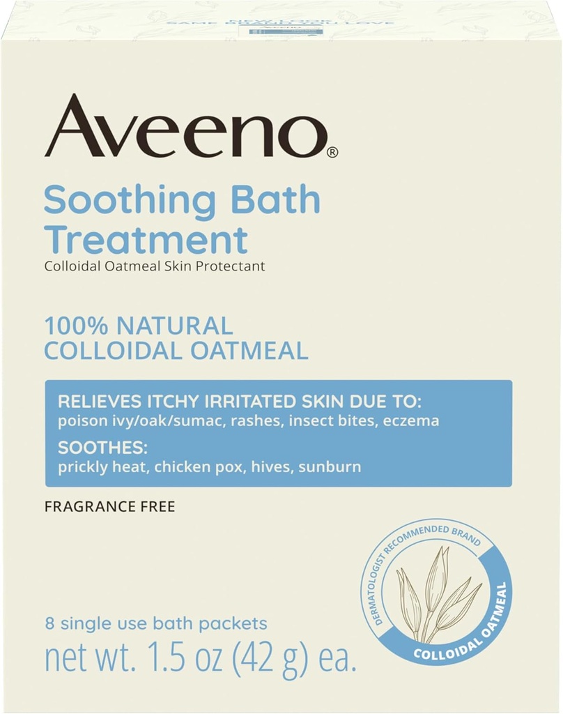 Aveeno Fragrance-Free Soothing Bath Treatment & Soak for Soothing Relief, 100% Natural Colloidal Oatmeal, Relieves Itchy, Irritated Skin Due to Eczema, 8 Single-Use Bath Packets