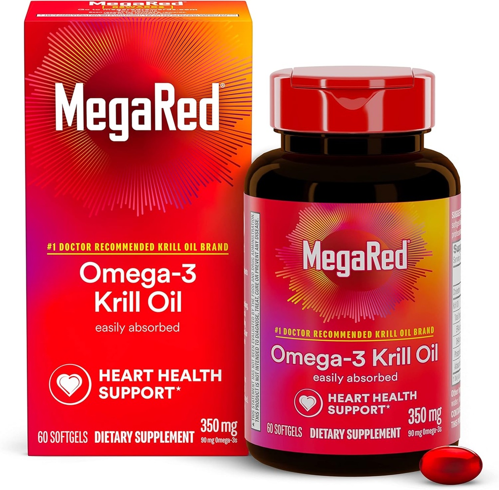 Omega-3 krilių aliejus 350mg Softgels, MegaRed (60 skaičius butelyje), EPA & DHA Omega-3 riebalų rūgštys su ne Fishy Aftertage Skirtingai nuo žuvų aliejaus, Sudėtyje yra antioksidantas Astaxanthin