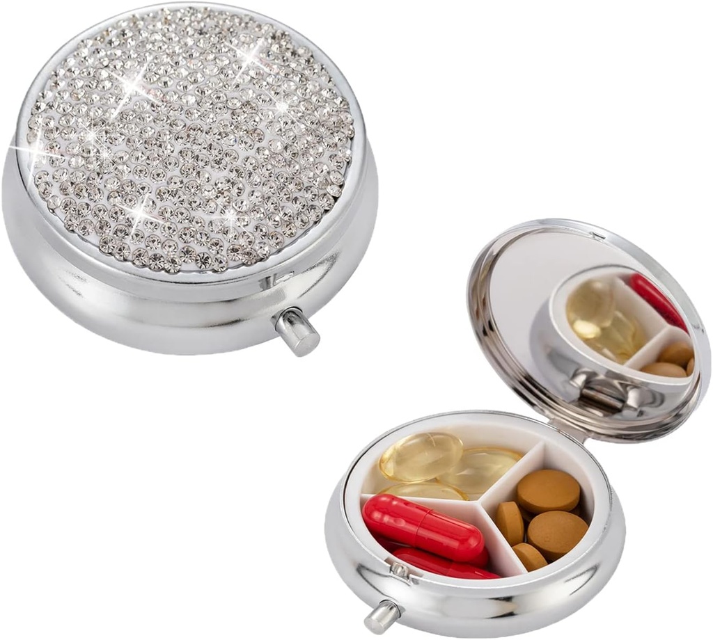Bling Pill Box, 3 Sudedamoji dalis Medicina Pill Byla Turėtojas, Bling Crystal Rhinestones Vandeniui nepralaidus Pocket Pill Byla Dound Medicina Organizatorius Vitaminas / žuvų aliejai / Priedas. (Sidabras)