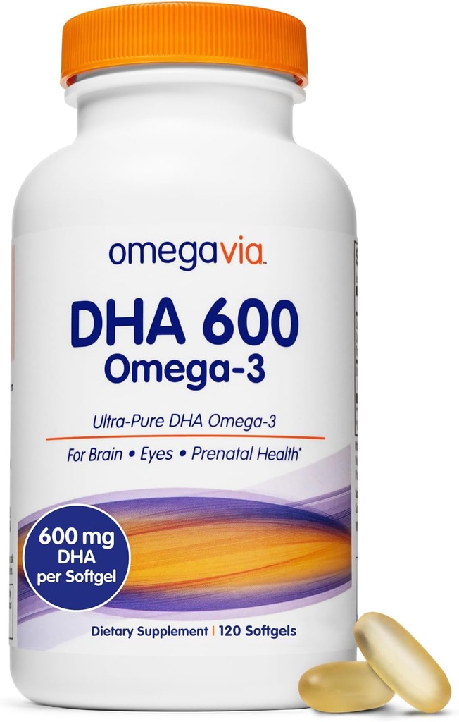 OmegaVia DHA 600 mg, Ultra Pure Omega-3 DHA papildai smegenims ir akims, DHA prenataliniai vitaminai moterims, Burpless Fish Oil Omega 3, IFOS Tested, 120 Softgels