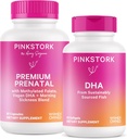 Rožinė Stork Prenatal Duo: Premium Prenatal Vitaminas + DHA, Prenatal Probiotikai moterims, Omega 3 + Žuvų aliejus, Prenatal Vitaminas su DHA ir Folio rūgštis, Women- Nuosavybės