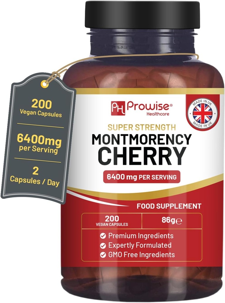 Montmorency Cherry 6400mg - 200 Tart Cherry Capsules - Natural Tart Cherry Extract Addition for Men & Women - Super stiprumo, Gluten Free, Vegan ir GMO Free - Pagaminta Jungtinėje Karalystėje Prowise