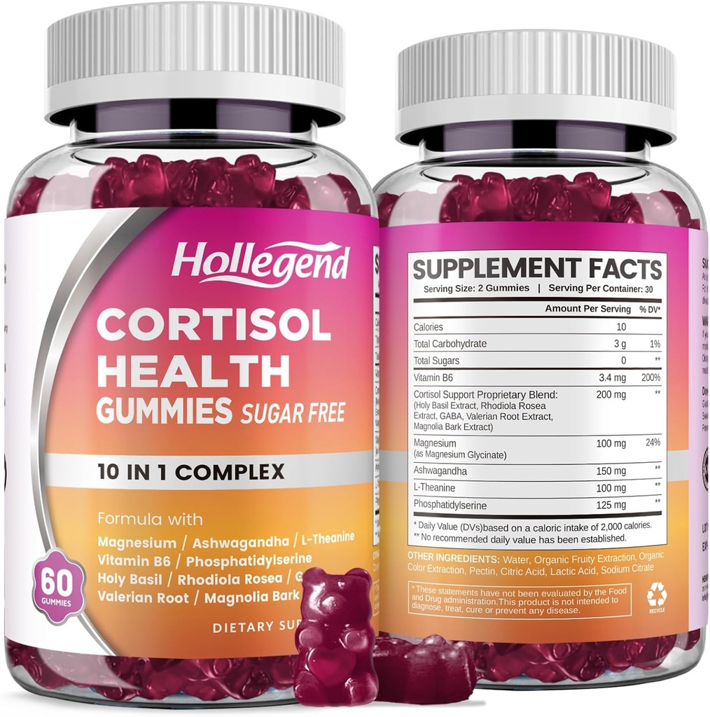 Cortisol papildai moterims vyrams, Cortisol Gummies su Ashwagandha, Magnis, L- Theanine, Fosfatidilserinas, B6 Cortisol Detox, Atsipalaidavimas, Miego, Focus, Sugar- Free, Vegan, 120