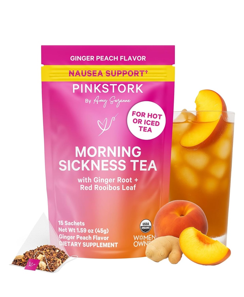 Rausvos Stork Organic Morning Liga Nėštumas arbata - Karšta arba Iced arbata - Prenatal Heartburn, Nevirškinimas, ir vidurių užkietėjimas Parama - 1 Tripester nėštumo turi Haves - Imbieras Peach, 15 Auksiniai
