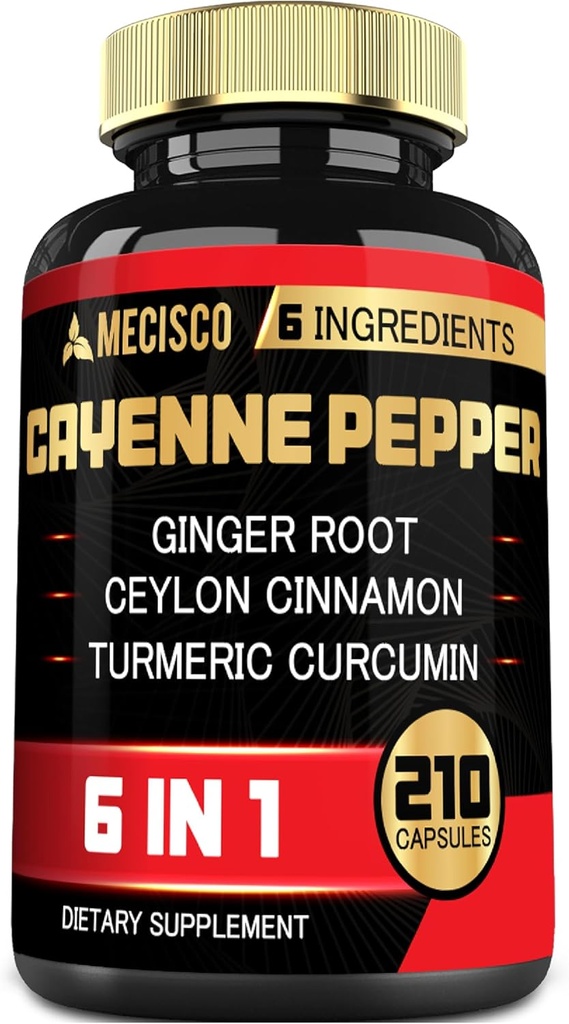 6in1 Cayenne pipirų ekstraktas kapsulės su organinėmis Turmeric Curcumin šaknies, Black Pepper, ir daugiau - Parama Digestion sistema, širdies sveikata, imuniteto funkcija - 210 kapsulės