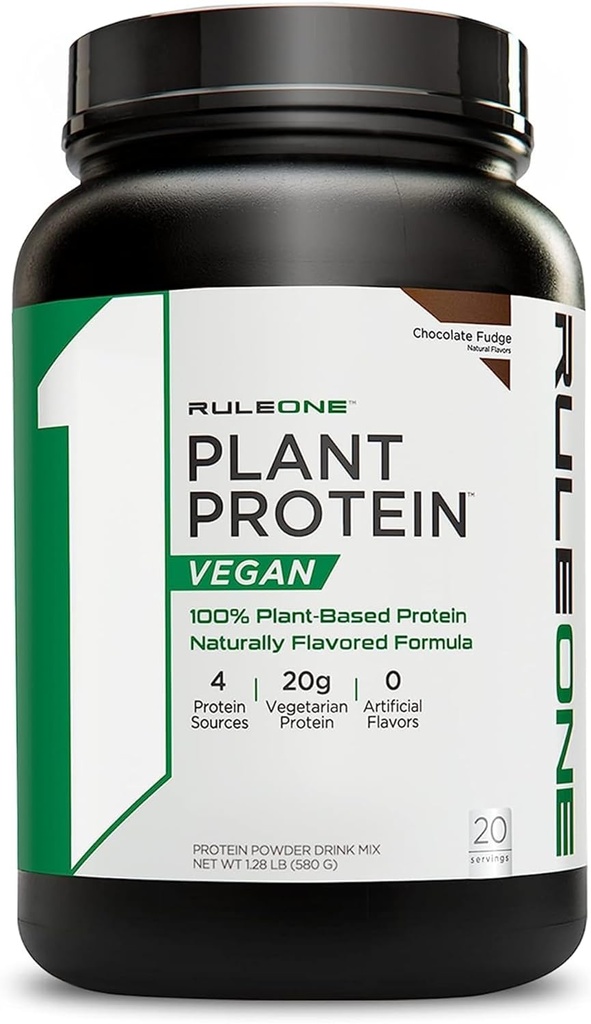 Rule 1 R1 Plant Protein, Chocolate Fudge - 1.28 lbs Powder - 20g Vegan Protein + Naturally Occurring Amino Acids - 20 Servings