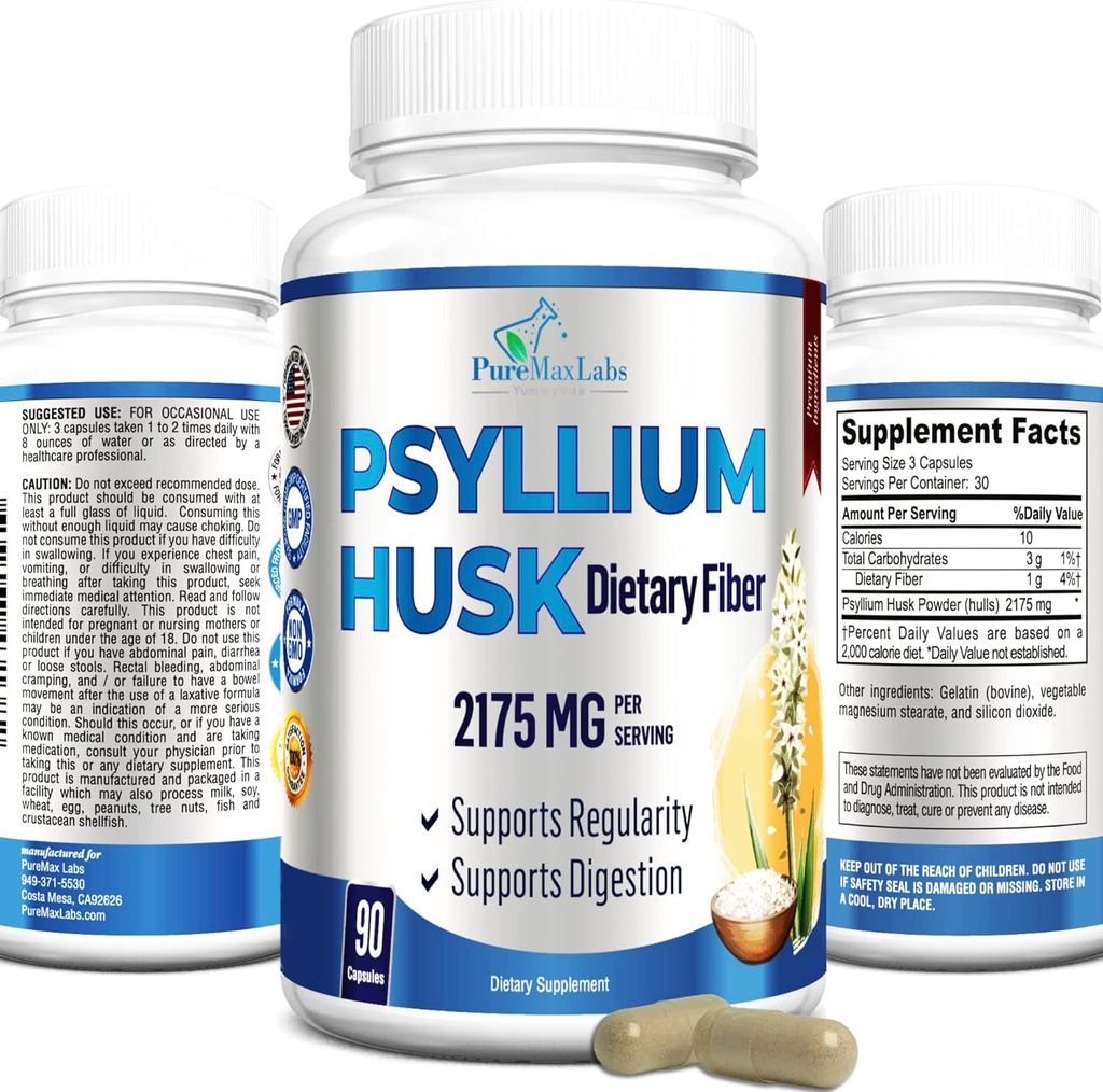 Psyllium Husk Dietary Fiber Supplement 2175mg, Non-GMO, 90 Capsules