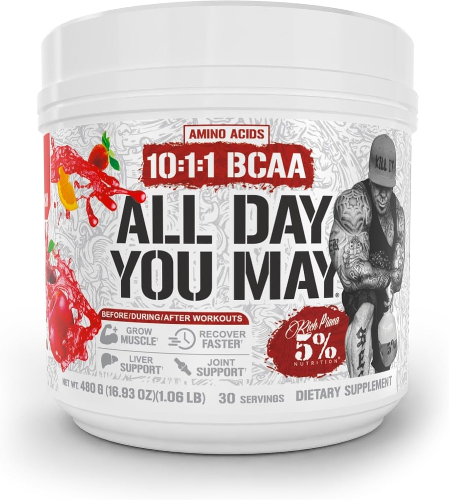 5% Nutrition Rich Piana AllDayYouMay BCAA Powder | Premium Intra & Post Workout Amino Acids, Hydration, Endurance, Muscle Recovery, Joint & Liver Support | 16.93 oz, 30 Servings (Fruit Punch)
