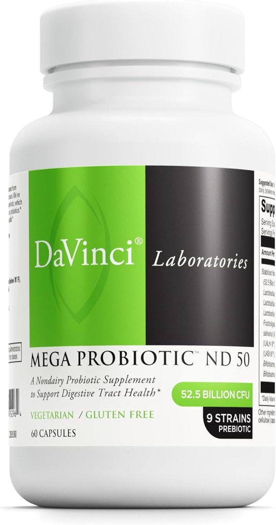 DAVINCI Labs Mega Probiotinis ND 50 - Ne pieno Probiotinis papildas su Prebiotinio pluošto - Digistive & Immune Health Support * - Gut Support with Beneficial Bakterijos * - 60 Vegetariškų kapsulių